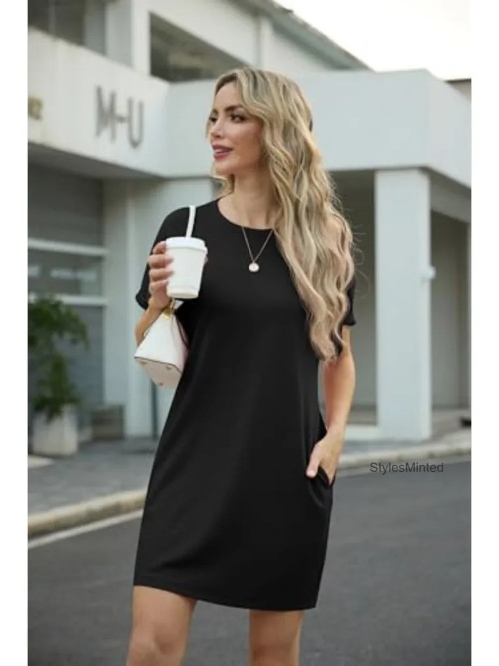 Women's Short Sleeve Shift Dress with Pockets, Wrinkle-Resistant Cotton Blend,